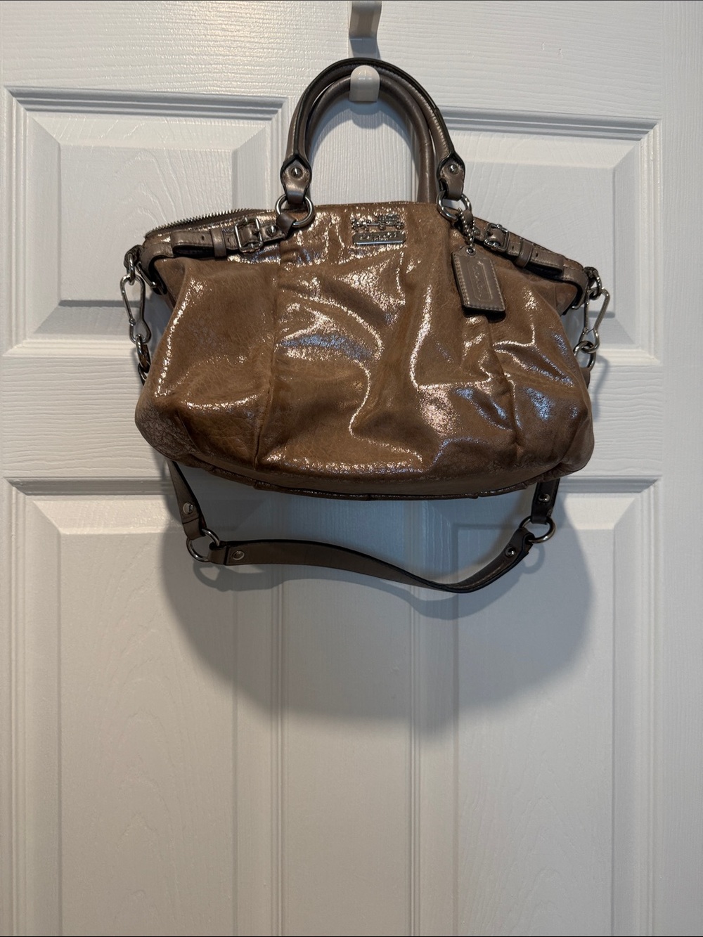 Coach Shiny Taupe Leather Shoulder Satchel